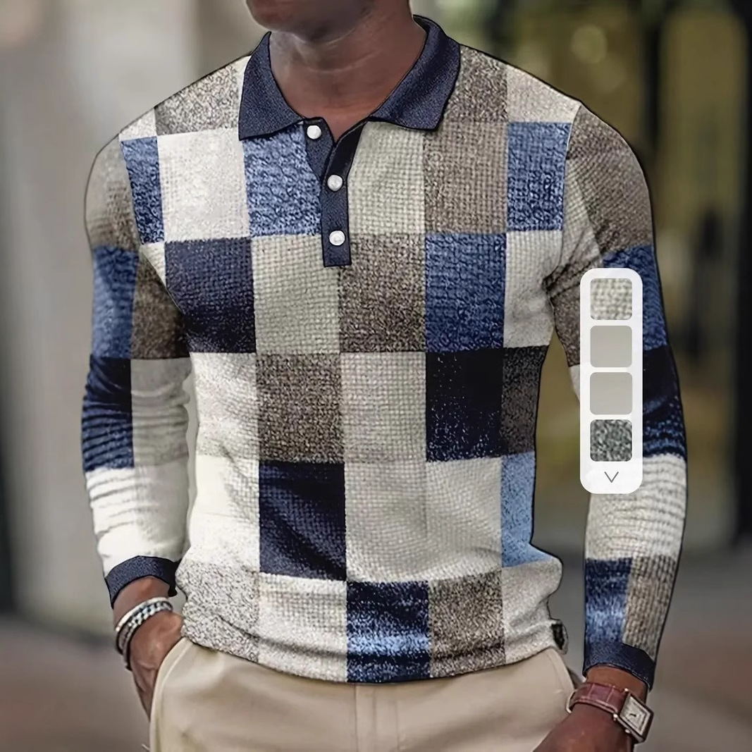 Personalidad retro tejido en contraste de color cuadrado estampado 3D casual suelto de manga larga camisa POLO de cuello con botones para hombres