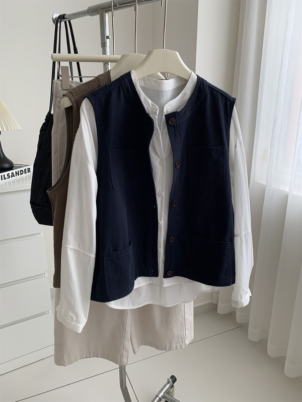 Japanese retro pure cotton workwear round-neck vest for women, new autumn fashion layered sleeveless cardigan jacket