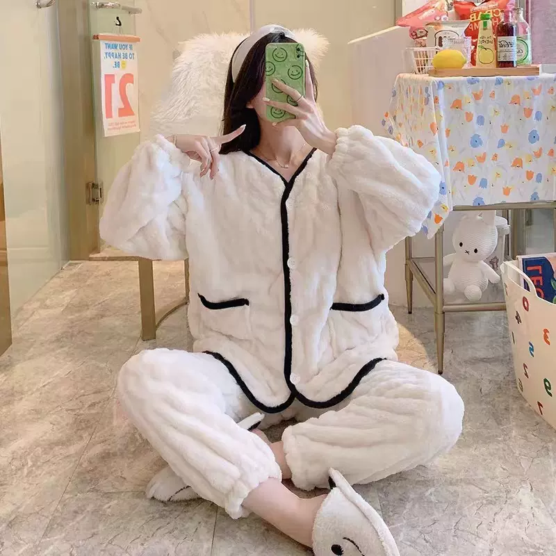 女士睡衣秋冬款2025新款加厚珊瑚绒加绒小香风开衫圆领可外穿家居