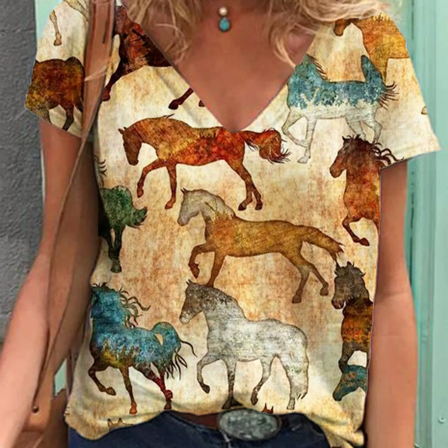 2025亚马逊速卖通新欧美复古3D印花西部牛仔印花V领短袖T恤女上衣