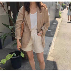 韩国卡其色慵懒棉麻西装外套女 2025秋冬英伦风小个子亚麻小西服