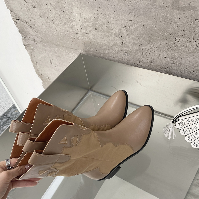 2024 Fashion Pointed Korean Edition Temperament Splicing Simple and Versatile Sleeve Thick Heel Short Boots for Women_voghion.com