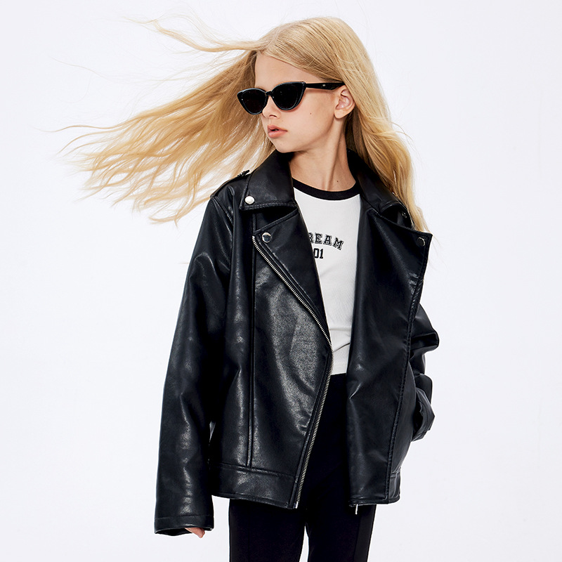 DK children's clothing 23 autumn and winter clothing for girls and boys, warm motorcycle jacket for middle-aged children, handsome leather jacket for children, cotton jacket trend