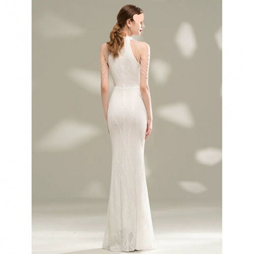 White evening gown for women, high-end, elegant, choker-style host dress, fishtail long dress