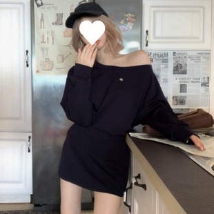European Station Oblique Shoulder Long-Sleeved Sweatshirt dress Female Students Spring and Autumn European Goods Small Out-of-Hip Short Skirt