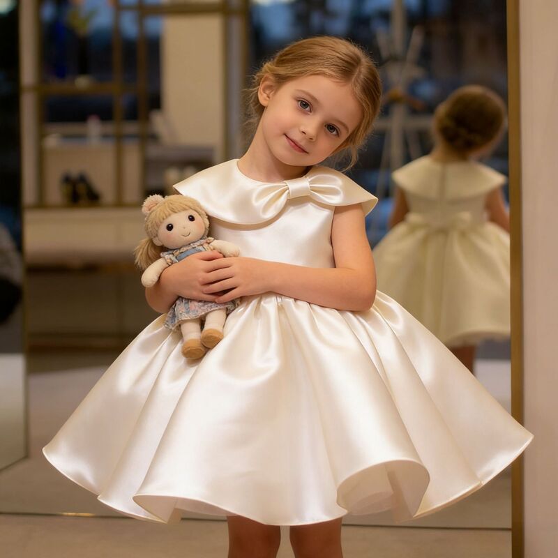High-End Baby Girl's First Birthday Dress for Photoshoot, Stylish Flower Girl Princess Dress with Puffy Satin High-End Baby Girl's First Birthday Dress for Photoshoot, Stylish Flower Girl Princess Dress with Puffy Satin