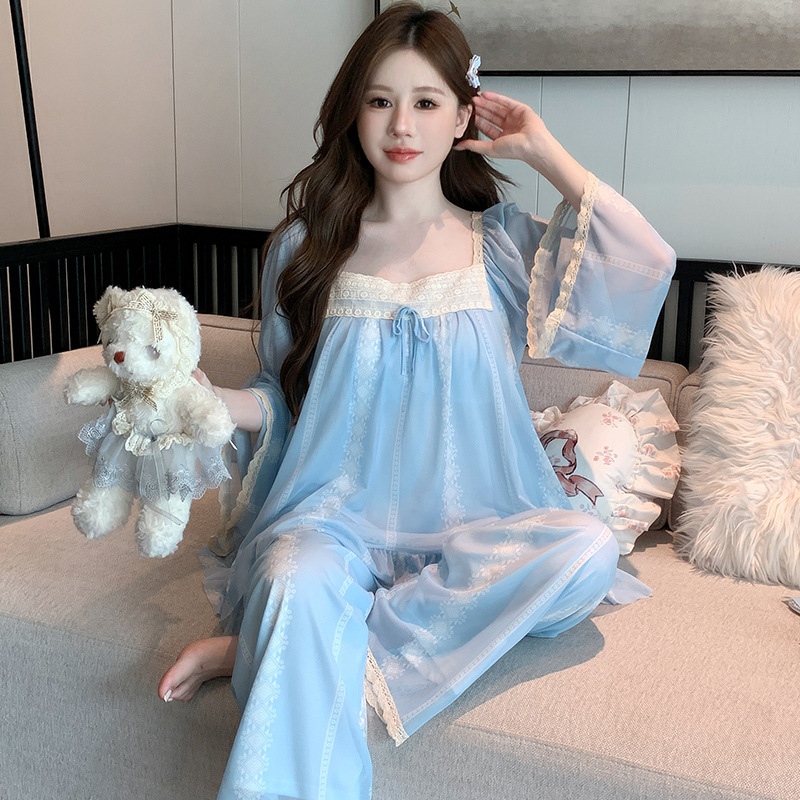 凌蕾春秋新款纯色方领蕾丝花边甜美宽松公主风网纱睡衣套装家居服|undefined