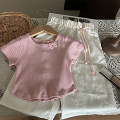 韓版童裝2024新款夏季女童鏤空蝴蝶結短袖T恤國風提花休閒褲套裝