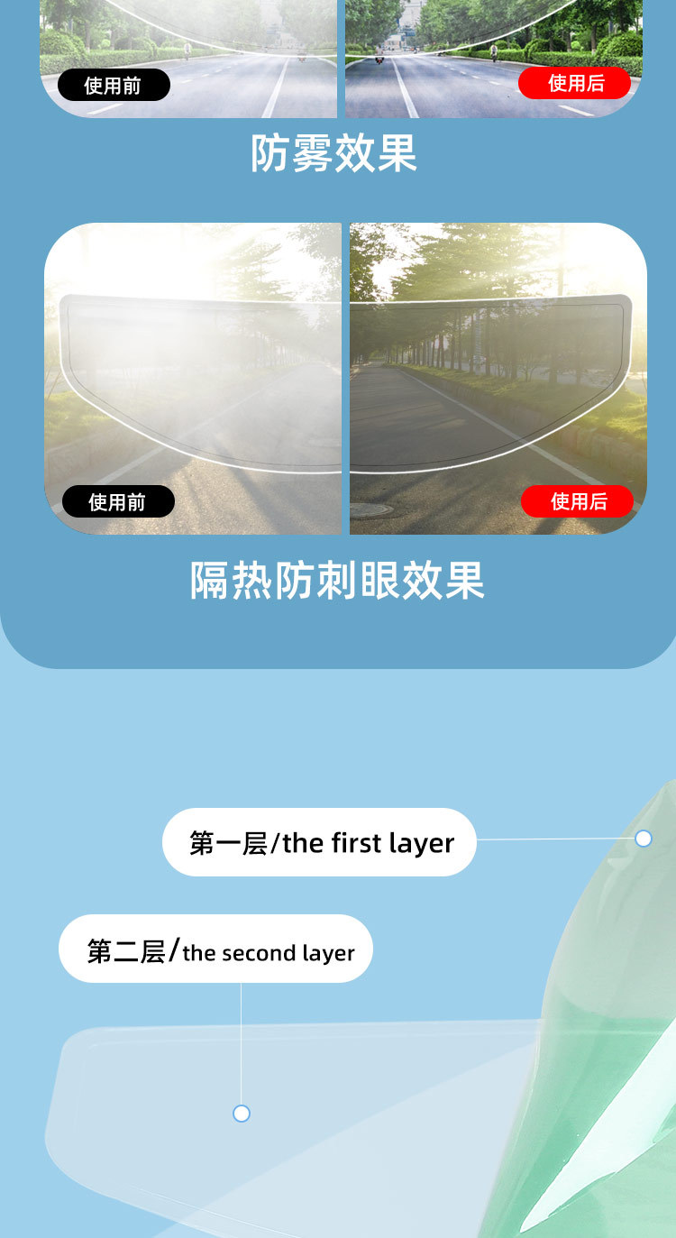 Motorcycle riding helmet rain and fog weather isolation anti-fog film, heat insulation, anti-glare, semi-shading helmet sun protection film