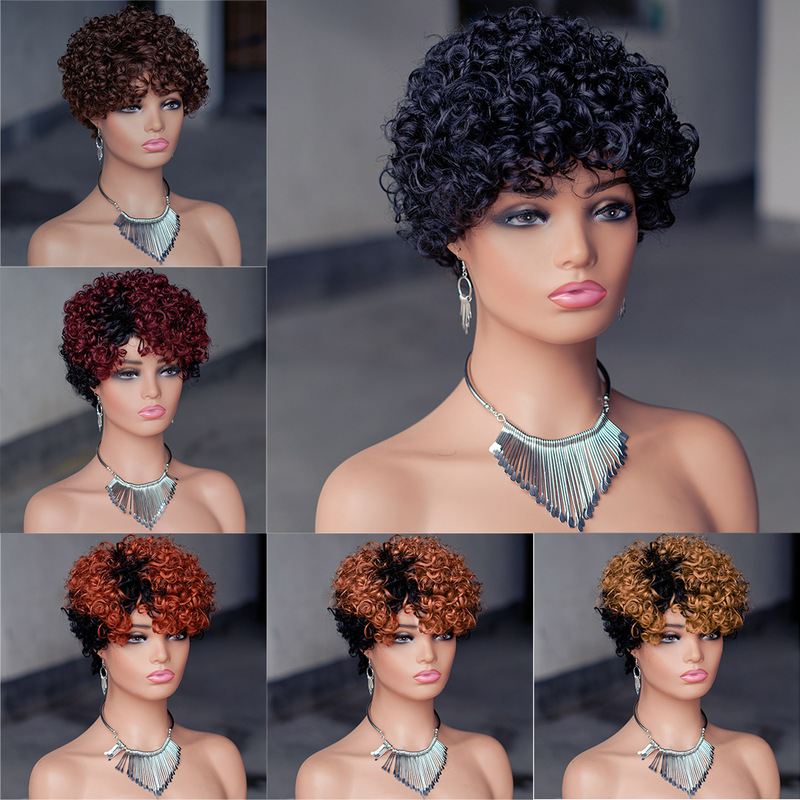 さらさら工場の妖精のかつらアフリカの短い全メカニズムの真人の小さいカールの頭カバーhuman hair wig|undefined