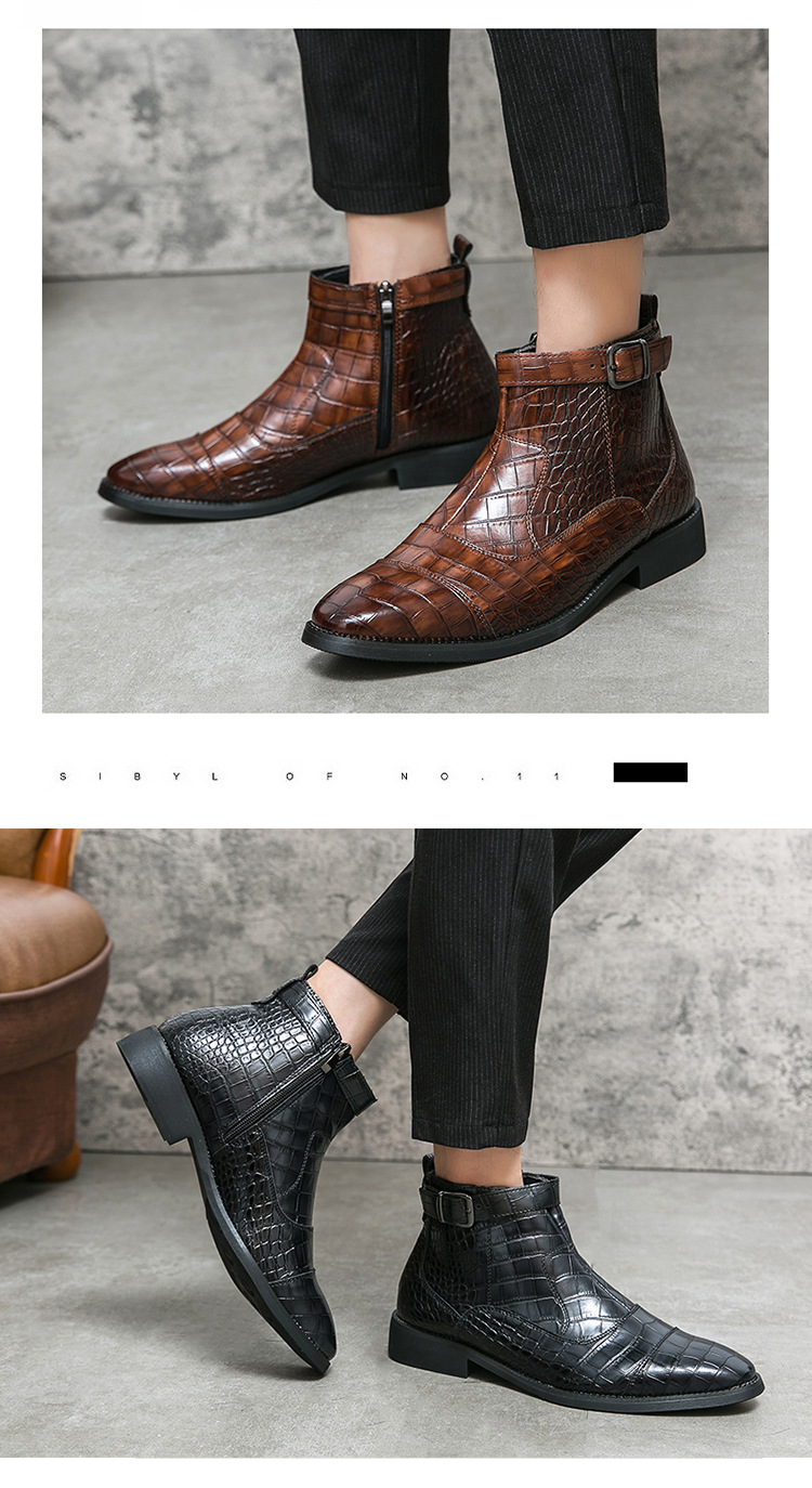 Men's crocodile pattern leather boots side zipper pointed leather shoes