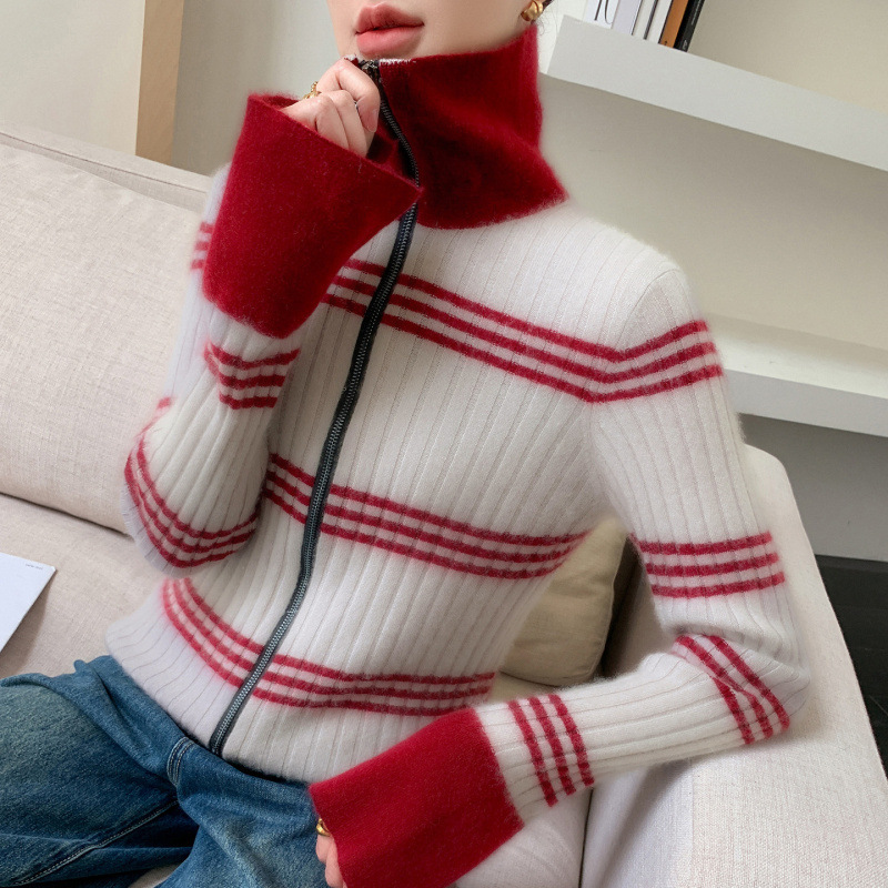 Polo Collar Cashmere Cardigan for Women, Slim Fit Sweater Coat with Double Zipper, Knitted Color Block Striped Base Sweater