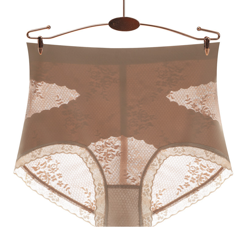 Elástico de cintura alta Cruz vientre contracción cadera levantamiento ropa interior de seda de las mujeres entrepierna antibacteriana ligero transpirable encaje borde triángulo vientre contracción Pantalones