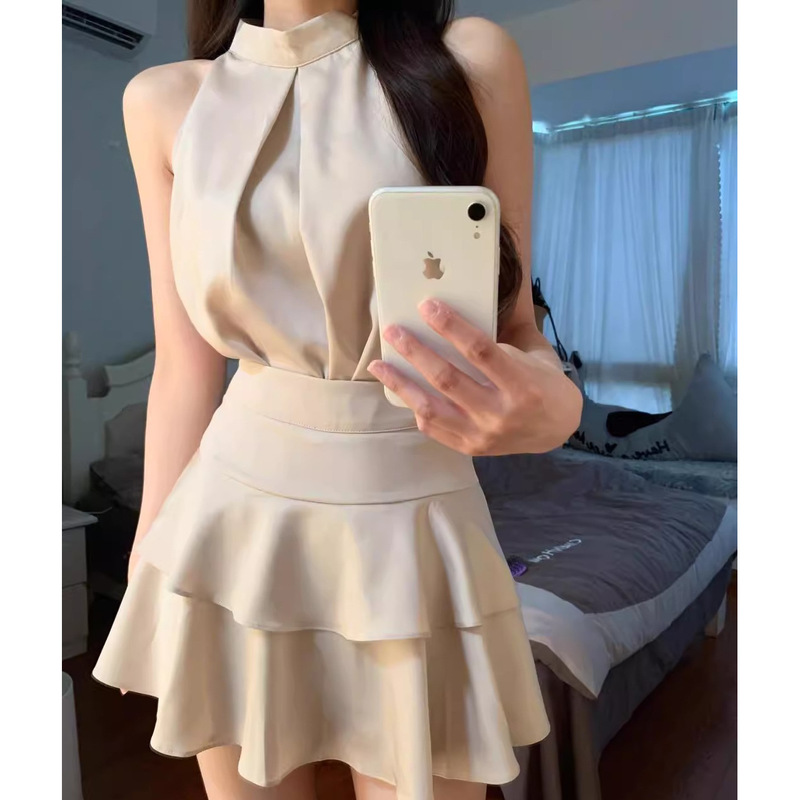 甜辣妹杏色两件套女夏挂脖背心上衣小众荷叶边a字短裙半身裙套装|undefined