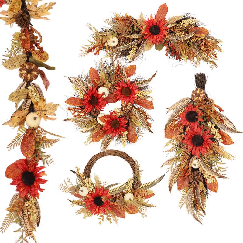 Autumn Front Door Home Decor Rattan Doorway Wall Hanging Wreath Simulation Pumpkin Sunflower Farmhouse Rattan Flower Circle