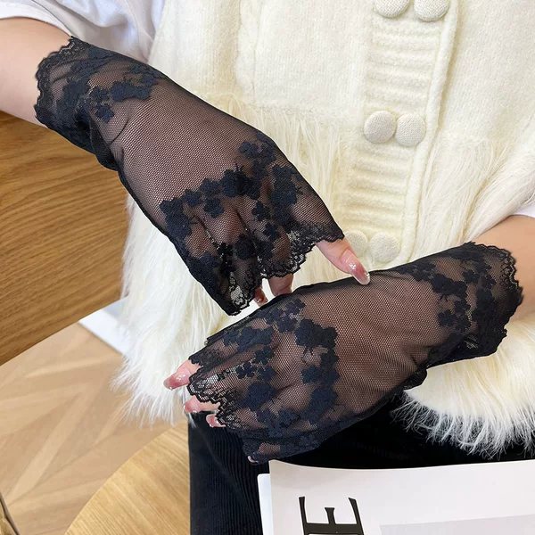 New mesh flower lace gloves women's spring and autumn thin elegant beauty hand guard half open finger breathable summer