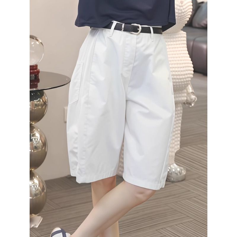 Washed Cotton Work Shorts for Women, Summer High-Waisted Loose Wide-Leg Mid-Length Pants, Slimming Straight-Leg Casual Shorts