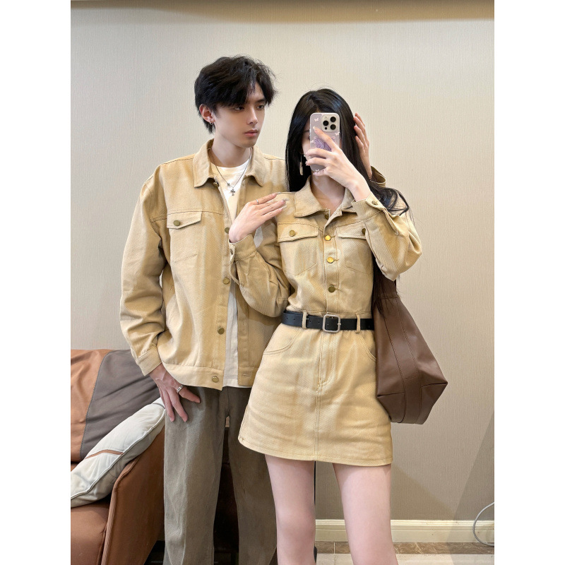 커플 가을 남성 긴팔 재킷 셔츠 코트 여성의 서부 데님 원피스 한 세대의 머리카락을 교차합니다.
