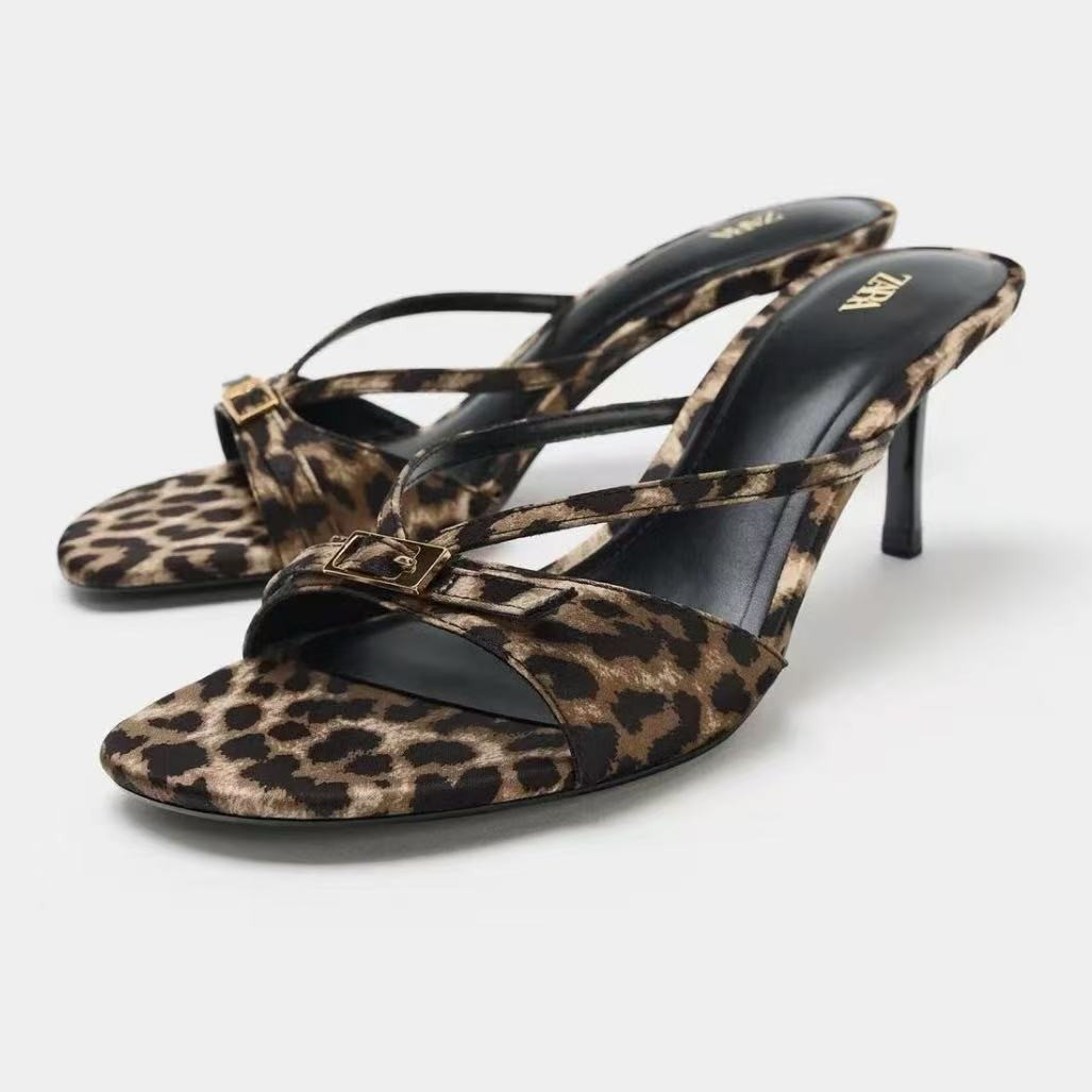  New Stone Pattern Leather Strap Cross Buckle Shallow Mouth High Heels Thin Heels European and American Fashion Sandals for Women