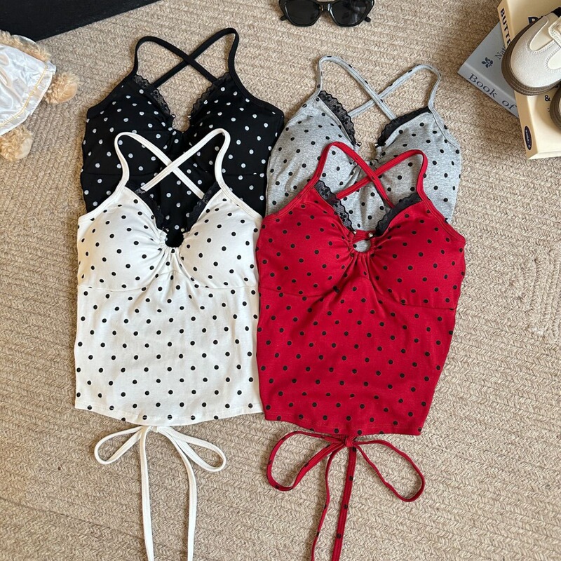 6211# French Wave Dot Camisole Women's Summer Sweet Spice Girl Sexy Backless Short Top Outer Strap
