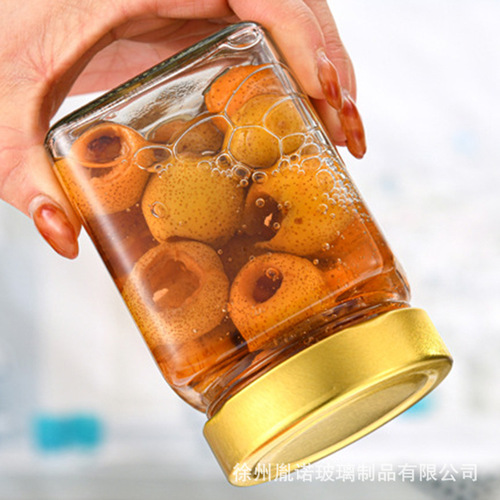 Bulk high-capacity square glass bottle sealed jar chili sauce vegetable bottle food use hexagonal honey jam jar with lid