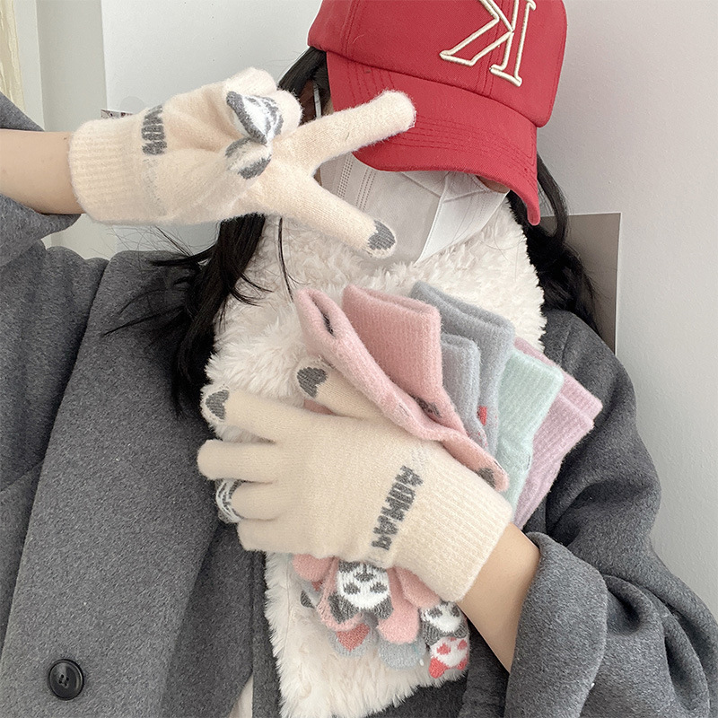 新款毛绒针织手套女加厚防寒冬季手套可爱卡通学生可触屏骑行手套|undefined