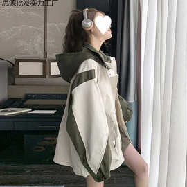 撞色拼接连帽冲锋衣外套女早秋2025超火韩系休闲百搭工装风衣爆款