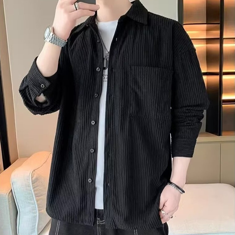 Long-Sleeved Shirt for Men, Solid Color, Trendy Brand, Loose Corduroy, Retro Casual Shirt, Versatile, Cheap Jacket, Lapel, Hong Kong Style