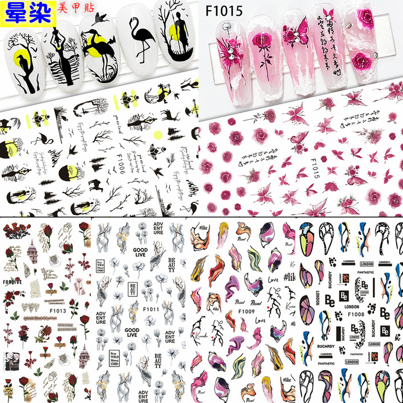 Cross-border supply of blooming art rose henna paper butterfly English letter flower nail nail stickers flower ornaments