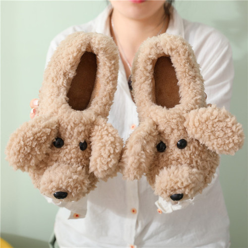 Autumn and Winter Cute Cartoon Cotton Slippers Women's Indoor Home Household Warm Teddy Dog Slippers Padded Ankle Cotton Shoes Waterproof 
