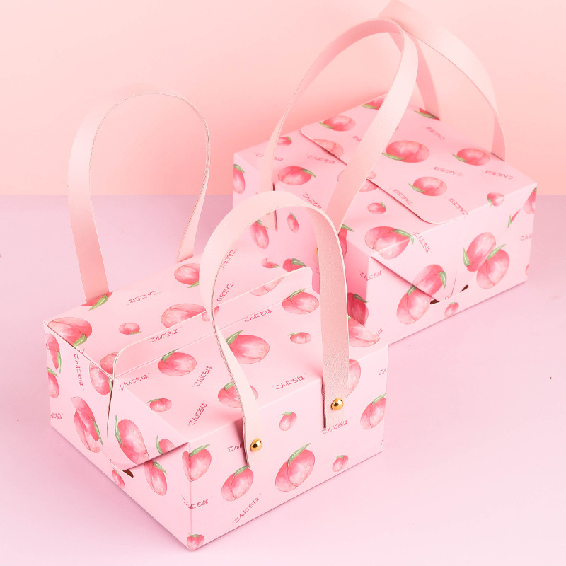 粉色水蜜桃图案雪媚娘四粒手提盒蛋黄酥月饼包装盒1只装系小西点