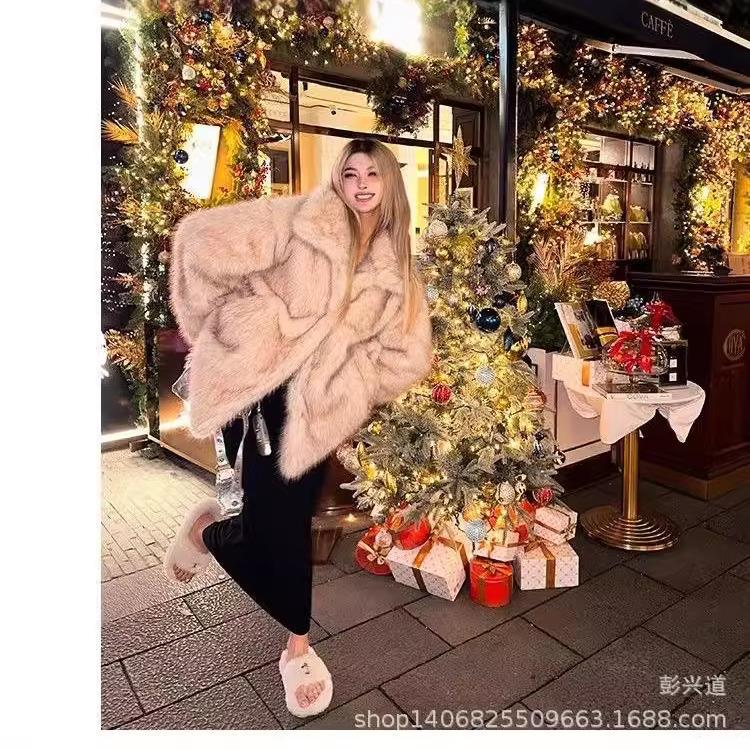 进口皮草外套大衣秋冬保暖皮草女装加厚狐狸毛大毛领圣诞外套