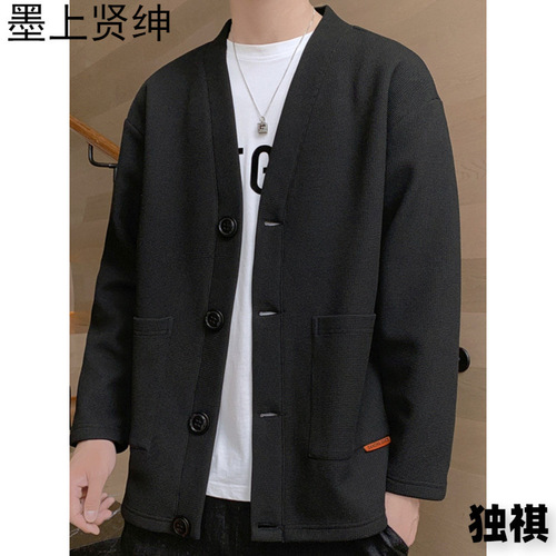 Chic Brand Waffle Collar Men's Spring and Autumn Single Button V-Neck Sweatshirt Casual Jacket Korean Style