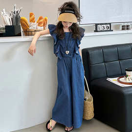 女童飞袖套装2025新款夏装中大童女孩薄款牛仔阔腿裤夏季两件套潮