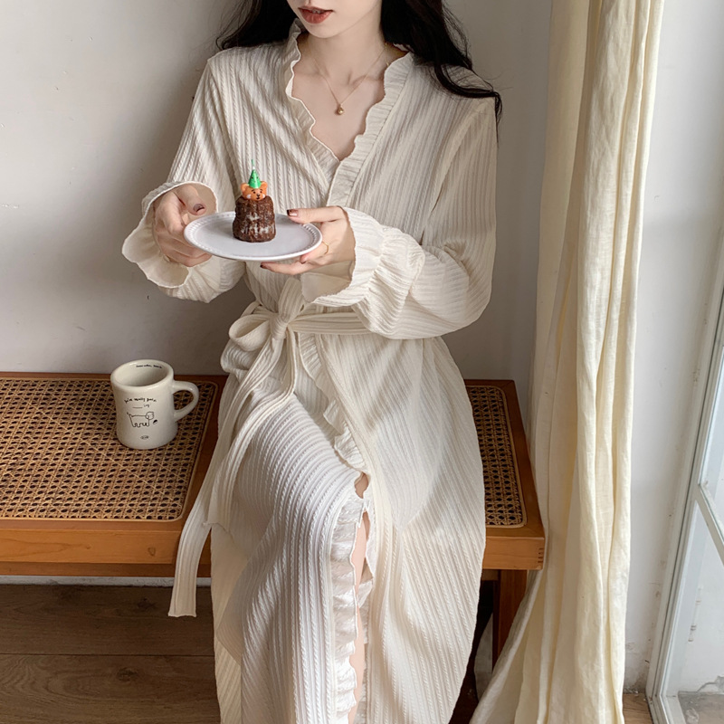 Foreign Trade Hotel Style Bathrobe Spring and Autumn Solid Color Simple Women's Ruffled Beauty Salon Mid-Length Nightgown Loungewear Winter