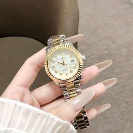 轻奢间金镶钻日历女表精钢材质石英机芯百搭显气质女士通勤手表