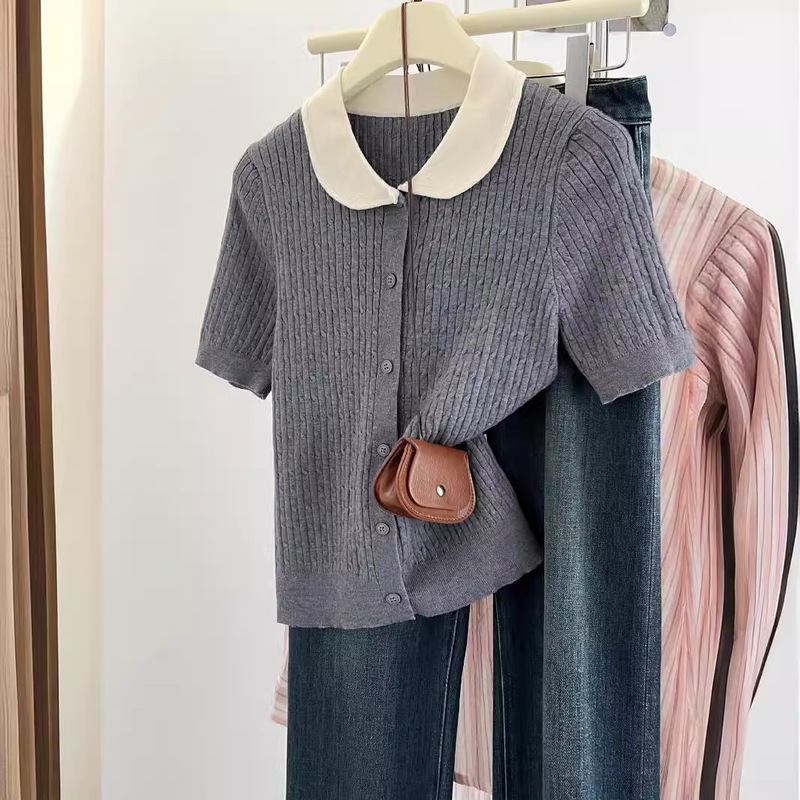 Real shot ~ contrast doll collar knitted slim cardigan