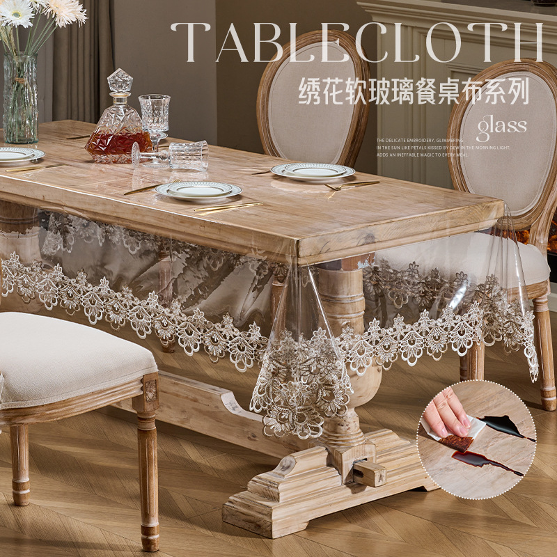 Mantel transparente de estilo caliente de Amazon, vidrio suave, impermeable y a prueba de aceite, mantel de restaurante, toalla de mesa de centro bordada para el hogar