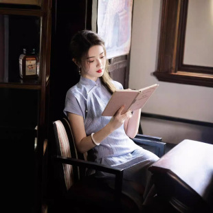 Chunxiao Improved Retro Style Light Blue Lady Style New Chinoiserie Cheongsam 2024 Summer New Style Can Be Worn Daily Young Style