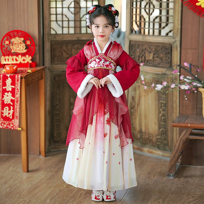 2024新款汉服女童冬季加绒新年衣服中国风唐装棉服大童过年拜年服