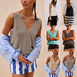 2026新款夏亚马逊欧美女装热卖V领纯色上衣休闲露背针织系带背心