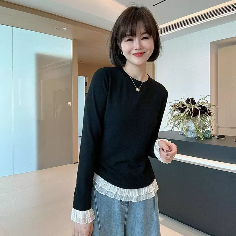 法式蕾丝花边拼接长袖T恤女2025春秋新款减龄时尚设计感打底衫潮