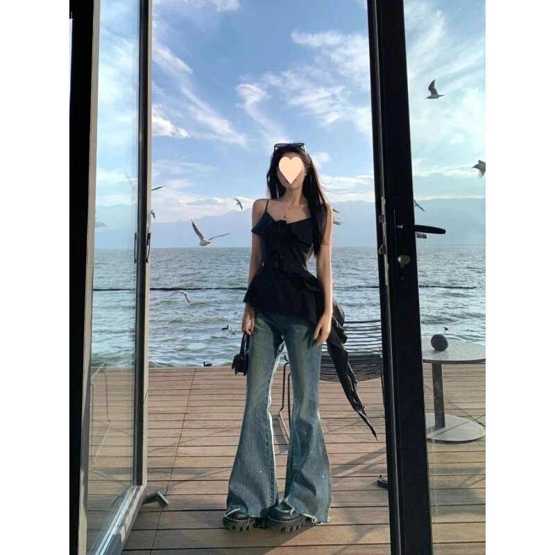 Black Suspender Dress Flare Jeans with Suit Spring Sexy Slim Asymmetrical Ruffles Skirt