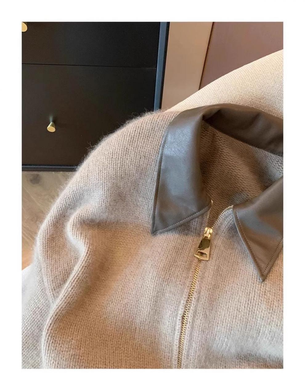 Modieus damesvest met leren kraag en rits gebreide bovenkleding_voghion.com