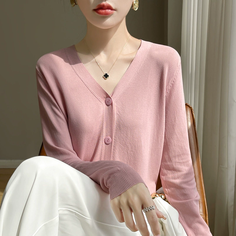 Белый короткий ледяной шелк вязаный солнцезащитный кардиган женский тонкий летний подтяжка юбка снаружи тюль куртка кондиционер блузка