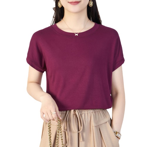 Women's round neck summer pure color simple batwing sleeve T-shirt, loose short sleeve casual and versatile T-shirt for women