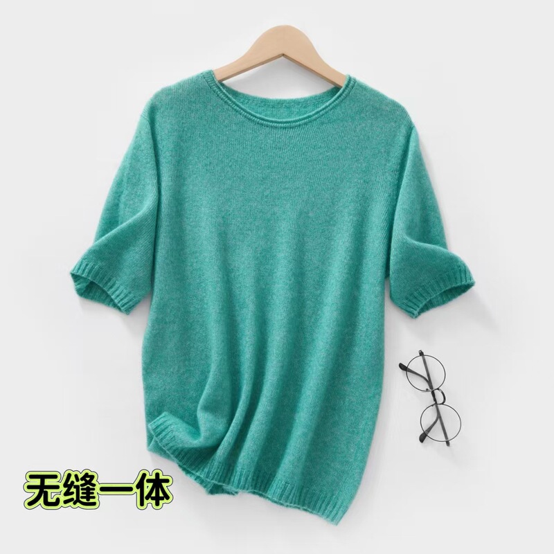 Light Luxury Mulberry Silk Cashmere Rolled-Edge Round-Neck Knit Short-Sleeve Women's Spring/Summer Thin Half-Sleeve T-Shirt Base Layer Top Light Luxury Mulberry Silk Cashmere Rolled-Edge Round-Neck Knit Short-Sleeve Women's Spring/Summer Thin Half-Sleeve T-Shirt Base Layer Top
