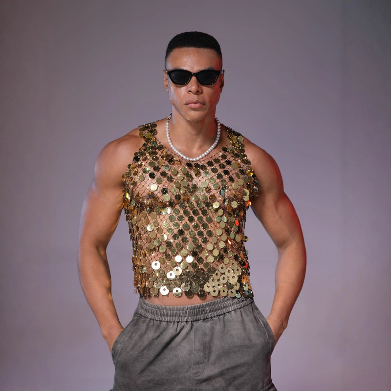 European and American Cross-Border Flash Diamond Sexy Men's Hollow Vest Top Rhinestone See-Through Nightclub Party Fishnet Sequin Vest