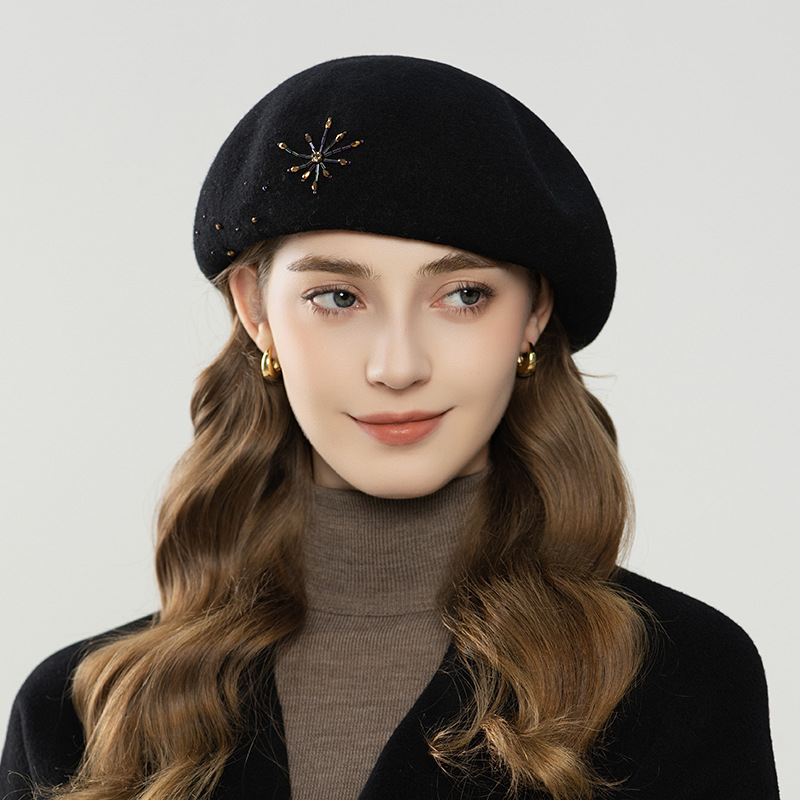 Mũ nồi beret nữ len nguyên chất mềm mại, phong cách thu đông, mặt hiển thị nhỏ — màu be