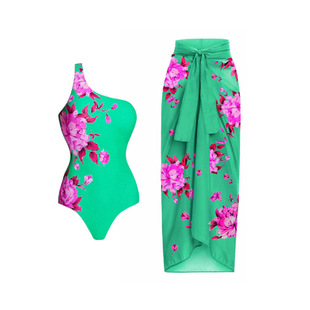 Pink Flower Green Bottom One Shoulder Swimsuit + Wrap Skirt Set Vibrant Print Seaside Vacation One-Piece Bikini Two-Piece Suit